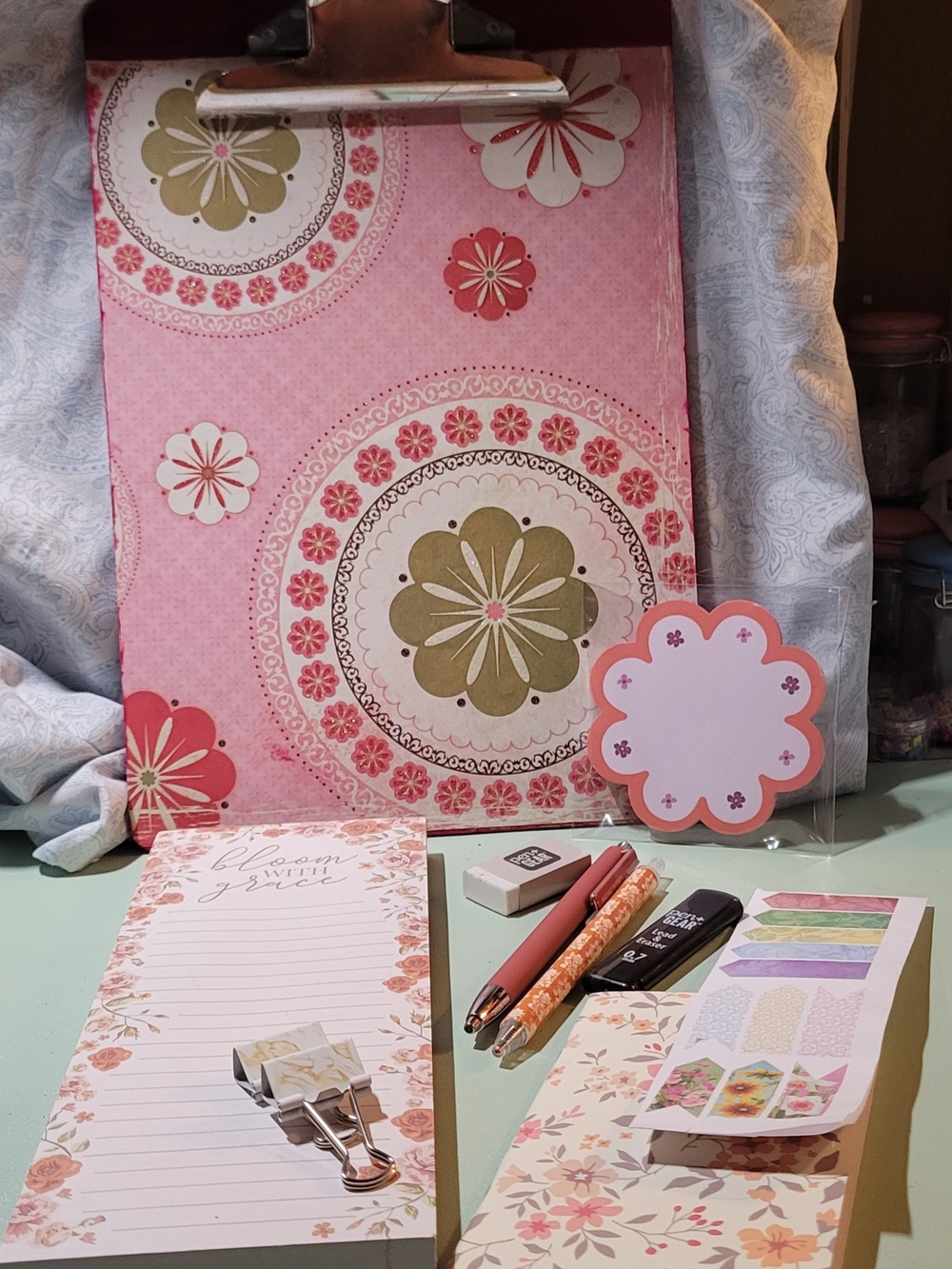 Pink Floral Clipboard and Note Set - Home Office